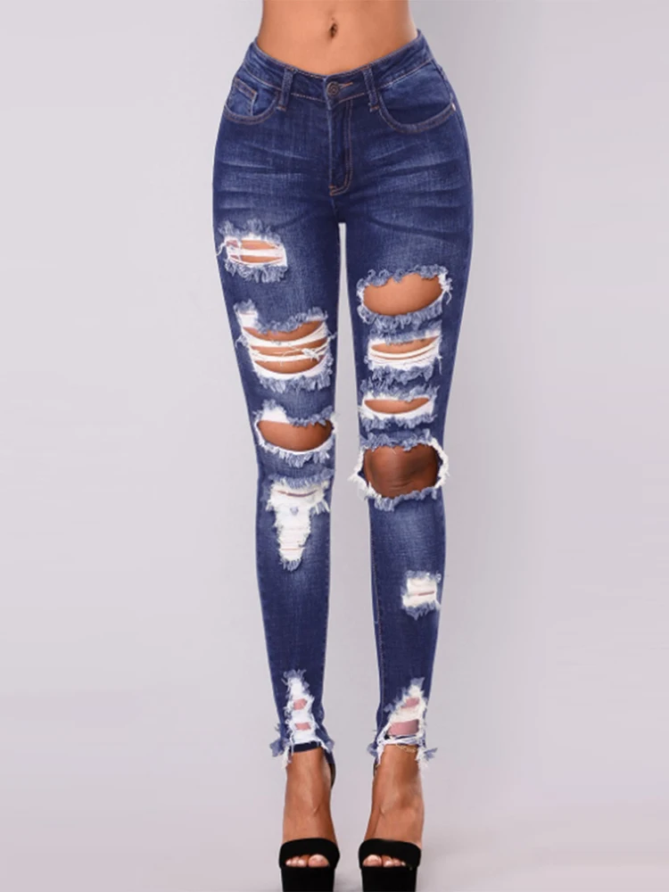 Женские обтягивающие джинсы карандаш Wipalo потертые рваные с высокой талией