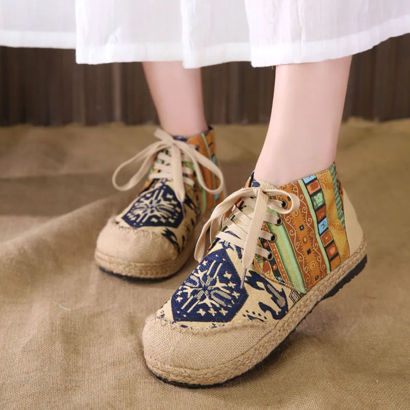 

Casual Espadrille Women's Short Boots 2021 Autumn and Winter New Style Embroidery Flat Thick Heel Single Boots Cotton and Linen