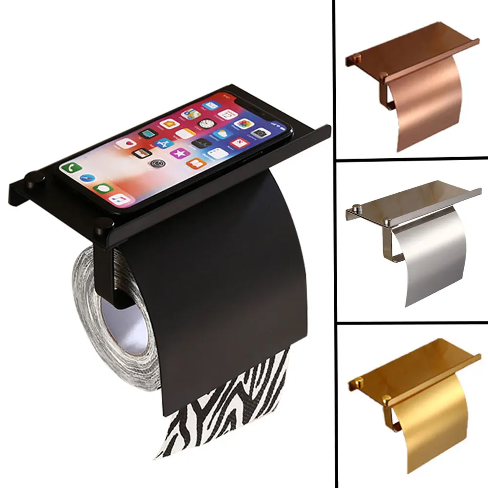 

Bathroom Roll Toilet Paper Holder Stainless Steel Wall Mount Roll Tissue Rack Holder With Phone Shelf Bathroom Hardware