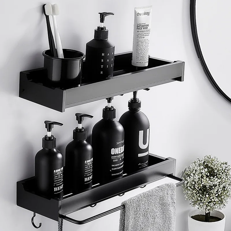 

Bathroom Storage Rack Punch-Free Bathroom Wall-Mounted Toilet Black Hidden Towel Bar Alumimum Storage Toilet bathroom shelves