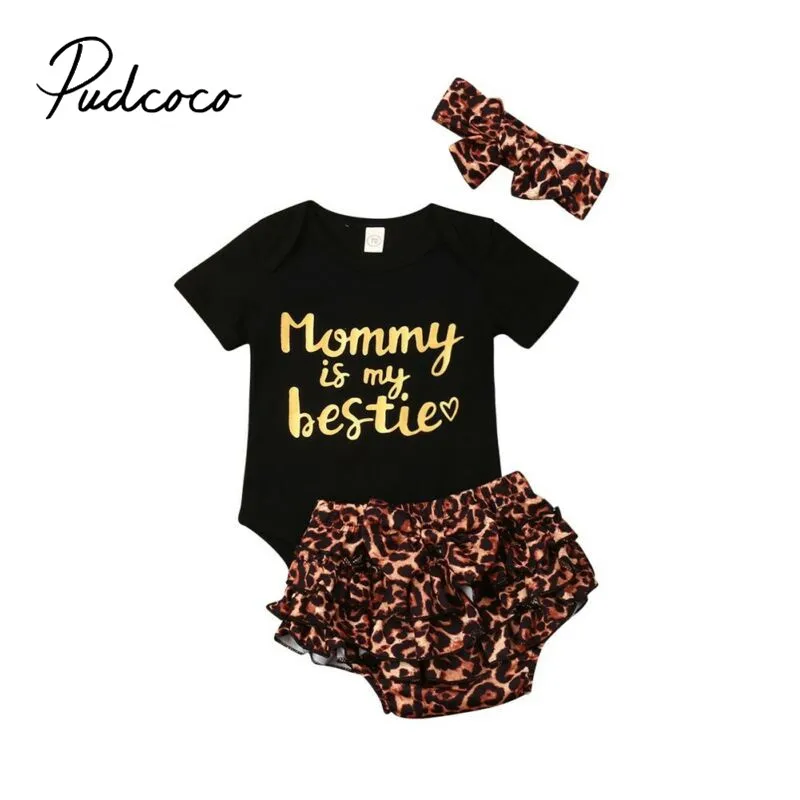 

Pudcoco Leopard Clothes Set for Newborn Infant Baby Girl Short Sleeve Tops Mommy is My Bestie Romper Ruffle Shorts Pants Outfits