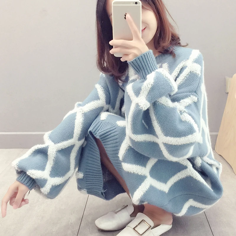 

Celebrity Women Oversized plaid Pullover Sweater dress Loose Plaid female knitting dresses