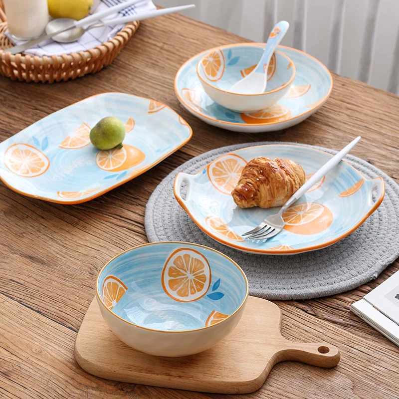 Набор посуды с фруктовым узором керамическая тарелка цветная миска для риса диск