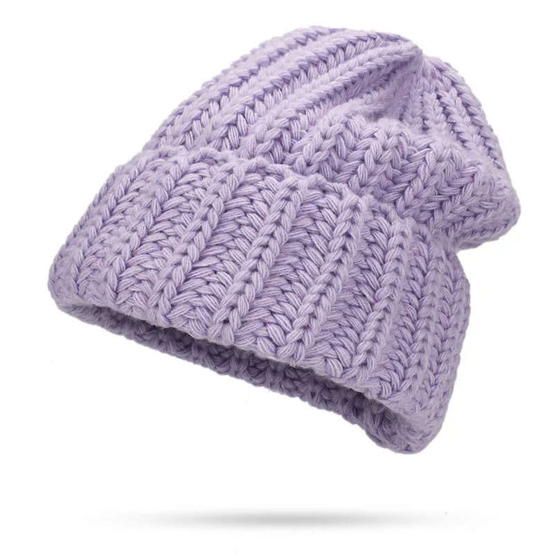 Leisure Fashion The New Hat For Women's Autumn Winter Hats Increase Big Beanie Knit Wool Set Head Hat Acrylic Thick Line Caps - Цвет: Фиолетовый