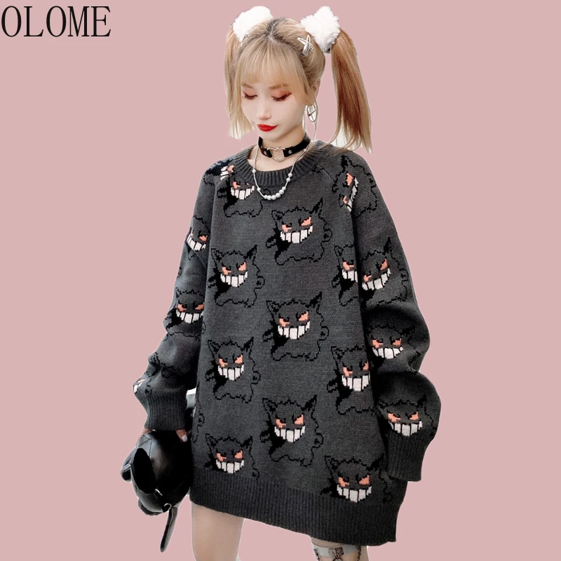 

OLOME Anime Sweater Women Pullover Loose Korean Style 2021 Autumn Winter Warm Knitted Jumper Woman Sweaters sweater women