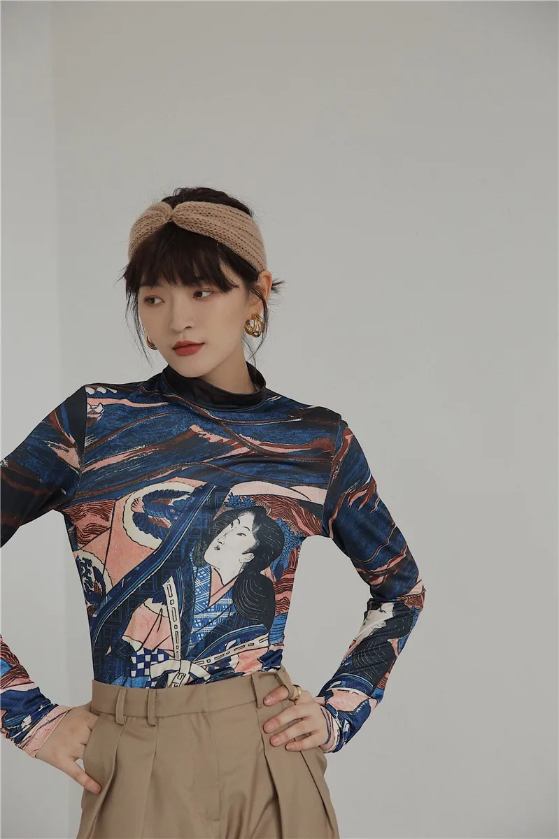 Cheerart Arts, с принтом, водолазка, блузка для женщин, с длинным рукавом, винтажный Топ, эластичная туника, топы и блузки, одежда осень