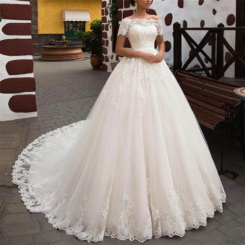 

White Lace Appliques Ball Gown Cheap Wedding Dresses 2019 Off The Shoulder Short Sleeves Bridal Dresses Wedding Gowns