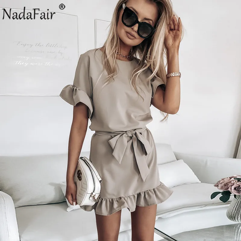 Nadafair Casual Short Sleeve Ruffle Dress Women White Khaki Mini Elegant Sash Tunic Purple Party Summer Dresses | Женская одежда