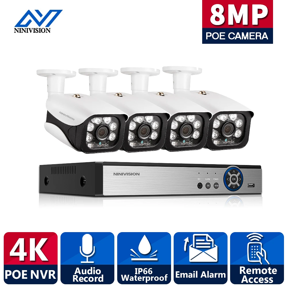 

NINIVISION 8MP HD POE IP Camera Set Security Bullet System 4K H.265 4CH NVR Audio Record Outdoor Video Surveillance Kits