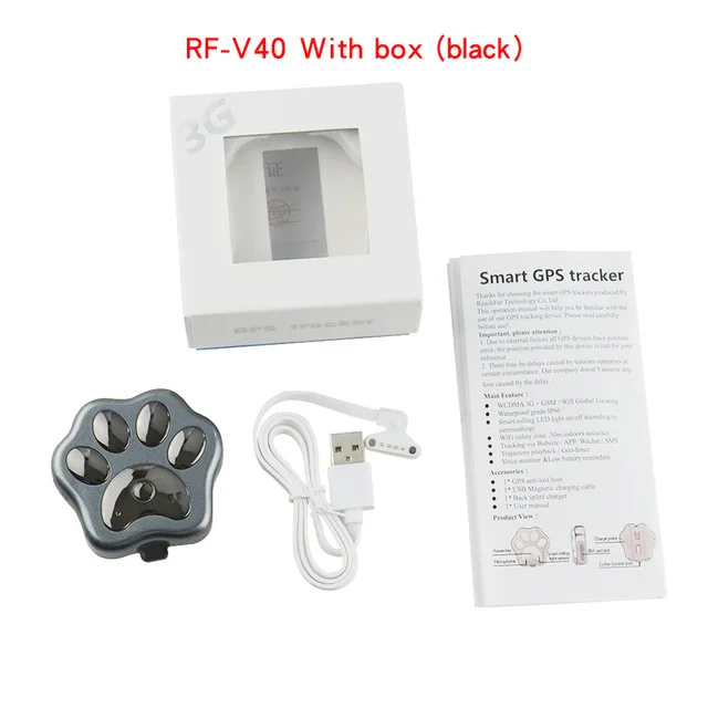 Black with box RF-V40, 3g, gps трекер для питомцев, собак, кошек, устройство против потери, Мини, водонепроницаемый, для домашних животных, Wifi, локатор, расширенный, герметичный, водонепроницаемый, пылезащитный - Цвет: Black with box