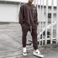 zogaa 2021 new mens suit brown cotton long sleeved round neck top lace up brown trousers with pockets loose casual clothing