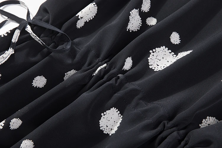 

Women's 100% Pure Silk Long Dress V neck black Dots short sleeve belted one size JN360