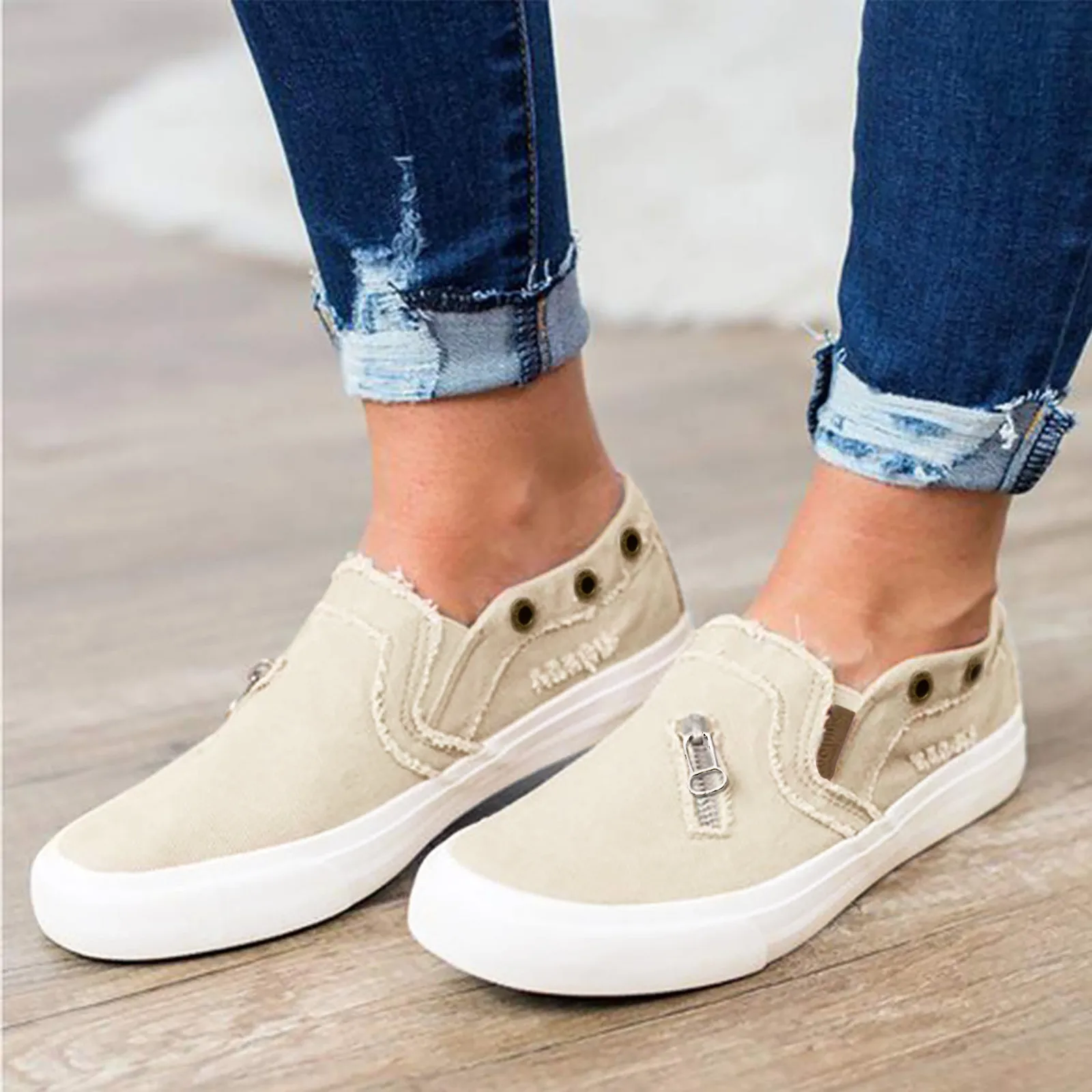 

2021 Women Slip on Flat Sneakers Loafers Solid Zip Decor Canvas Breathable Casual Ladies Walk Shoes Single Vulcanized Shoes