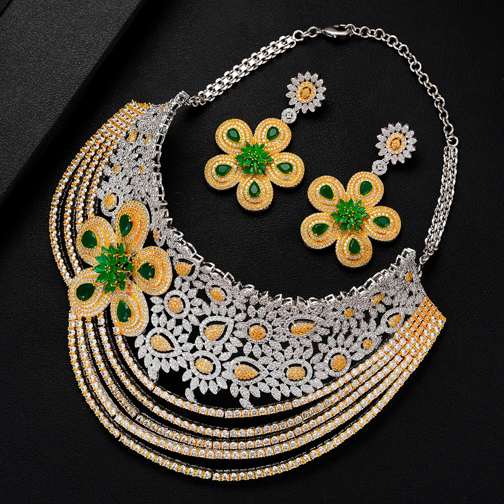Offerte GODKI Super Grande Lusso 4PCS Fiori Africa Cubic Zirconia Girocolli Set Set Di Gioielli Per Le Donne Di Nozze Dubai Da Sposa Set 2020