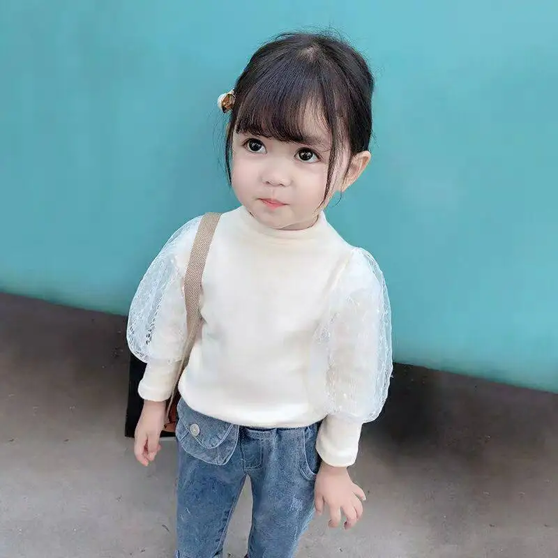 

Рубашка для девочек Весенняя Новинка детская футболка в Корейском стиле с деревянными ушками Кружевной Топ с длинным рукавом для девочек