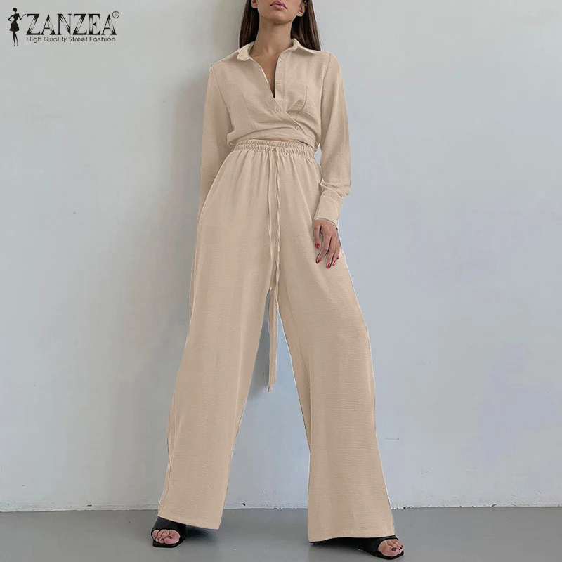 

ZANZEA Autumn Women's Casual Suit Tracksuits 2PCS Full Sleeve Lapel Solid Streetwear Blouse Floor Length Loose Wide Leg Pants