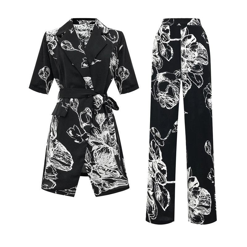 

Floral Print Blazer And Pants Set For Women Design Office Lady Ensemble Costume Femme 2 Pieces Pantalon Korean Style Flare Pants