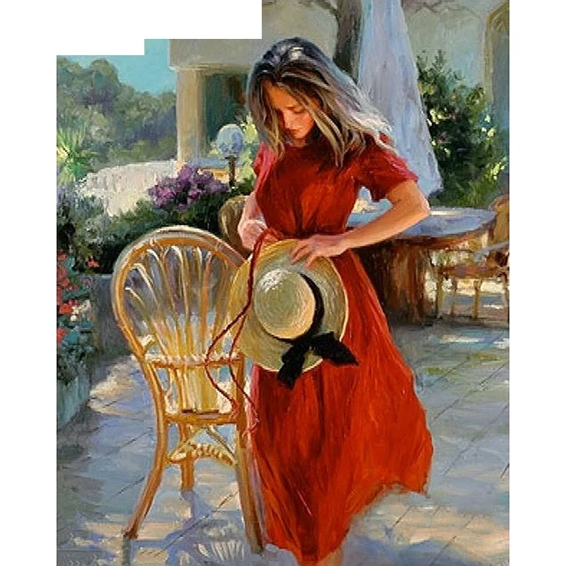 Red Dress Girl Paint By Numbers Coloring Hand Painted Home Decor Kits Drawing Canvas DIY Oil Painting Pictures By Numbers