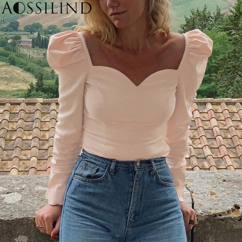 AOSSILIND пикантные черные однотонные топы с длинными рукавами-фонариками и