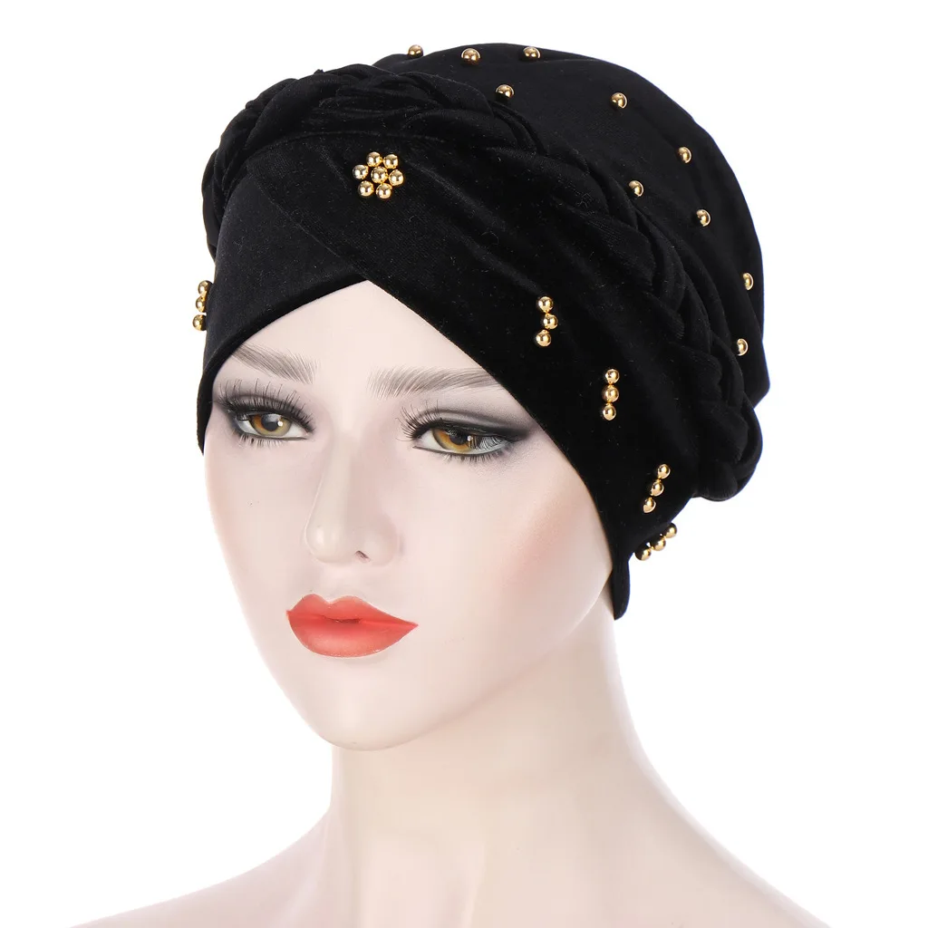 

Gold beads women head scarf twist braid Inner hijabs cap solidvelvet islamic turban bonnet arab wrap muslim hijab accessories