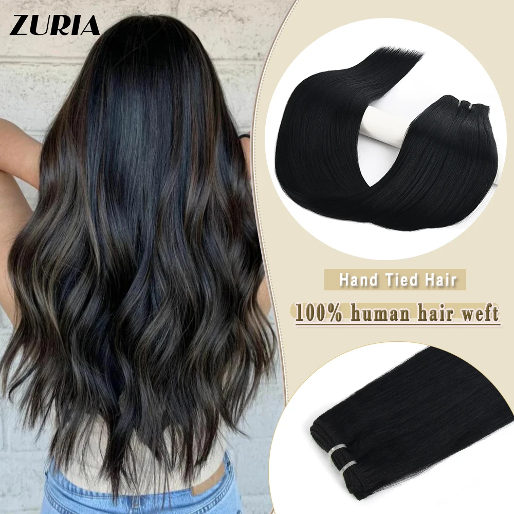 

ZURIA Remy Hair Weft Natural Invisible Straight Weaving Bundles 20/24"100g/Pcs Hand Tied Virgin Real Hair Extensions For Women