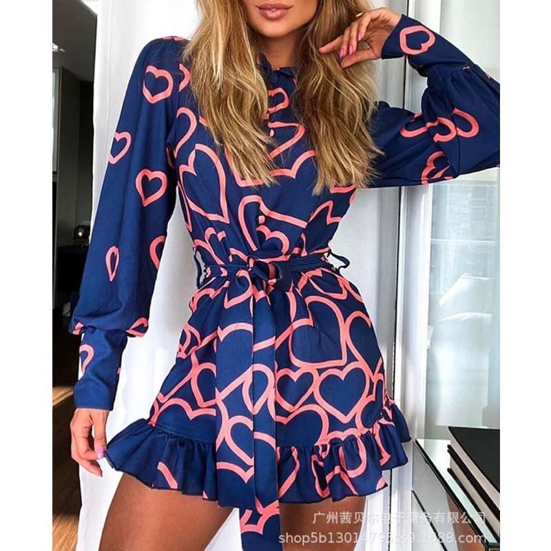 

Mandylandy Women's Elegant Heart Print Ruffle Dress Lady Autumn Casual Fashion Long Lantern Sleeve High Waist Lace Up Dress