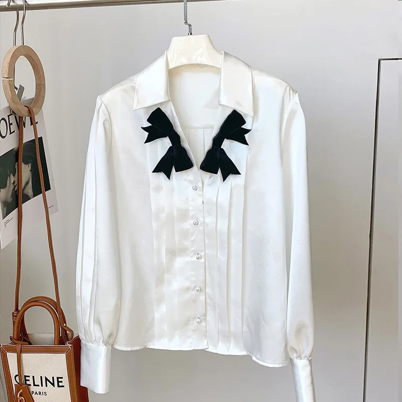

2021 New Spring Loose Satin Women Blouses Office Lady Bows Button Up Solid White Shirt Women Long Sleeve Tops Blusas Mujer