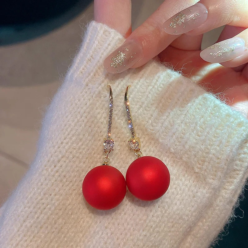 

Real gold electroplating Korea east gate flash drill ear hook fashion temperament net Red Round Earrings sweet red ear jewelry