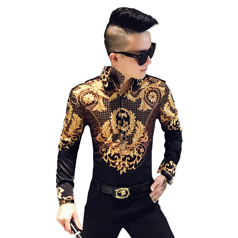 Luxury Paisley Black Gold Printed Shirt Men's Royal Club Clothing Korean Men's Long Sleeve Slim Long Sleeve Shirt Tuxedo Shirt