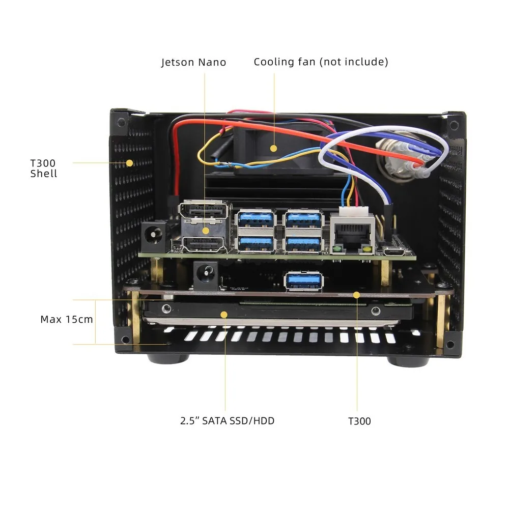 NVIDIA Jetson Nano T300 Metal Case for NVIDIA Jetson Nano Developer Kit and T300 2.5 inch SATA SSD/HDD Storage Shield