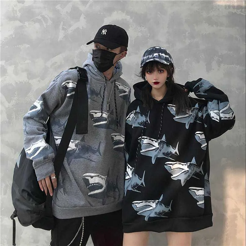 NiceMix Женская Зимняя коллекция, новая мода, ins, принт акулы, Harajuku, свободная повседневная бархатная куртка в стиле ретро в стиле хип-хоп, куртка с капюшоном