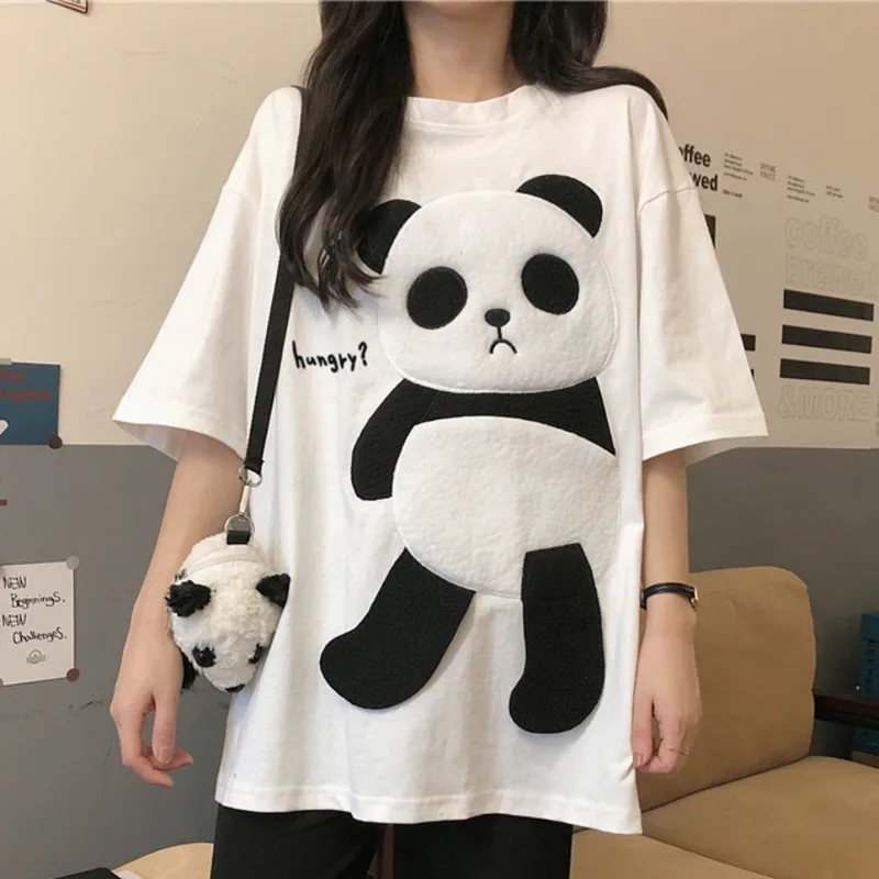 Летние флисовые футболки с рисунком панды женские Kawaii Свободный Топ для девушек