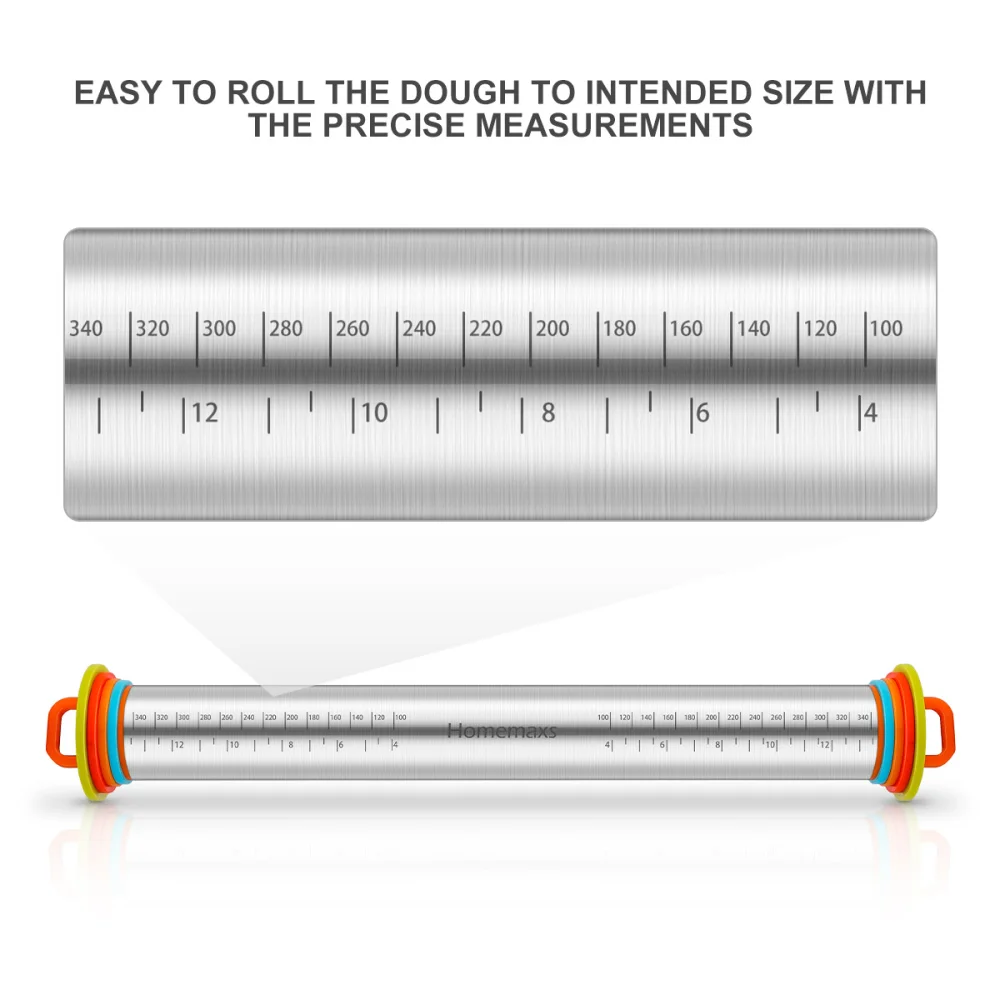 

HOMEMAXS Adjustable Stainless Steel Rolling Pin and Pastry Mat Set with 4 Removable Thickness Rings for Baking Cookie Chapati Fo