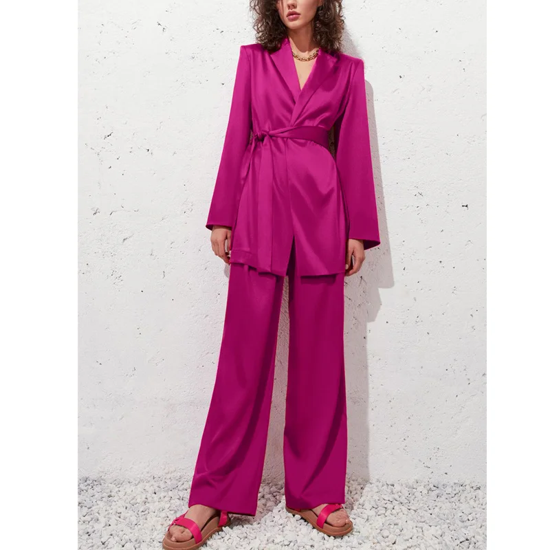 

Женские комплекты из 3 предметов, Свободный ремень с длинным рукавом, пальто, брюки с высокой талией, прямые штаны, регулируемые Фиолетовые ж...