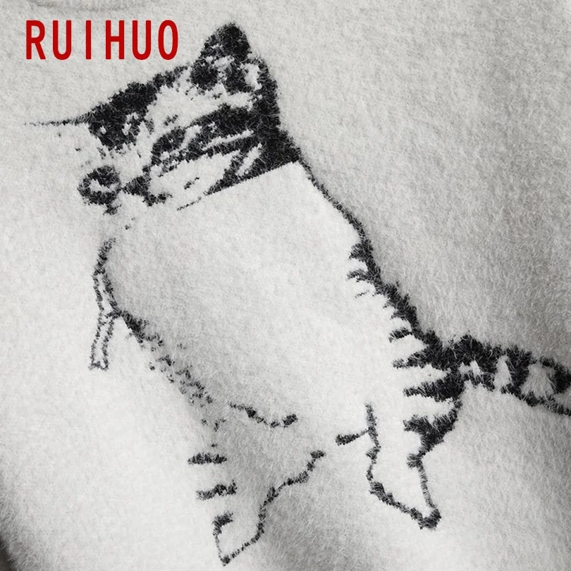 RUIHUO Cat мужской свитер вязаный Топ пуловер мужская одежда мужские свитера 2021 Новое
