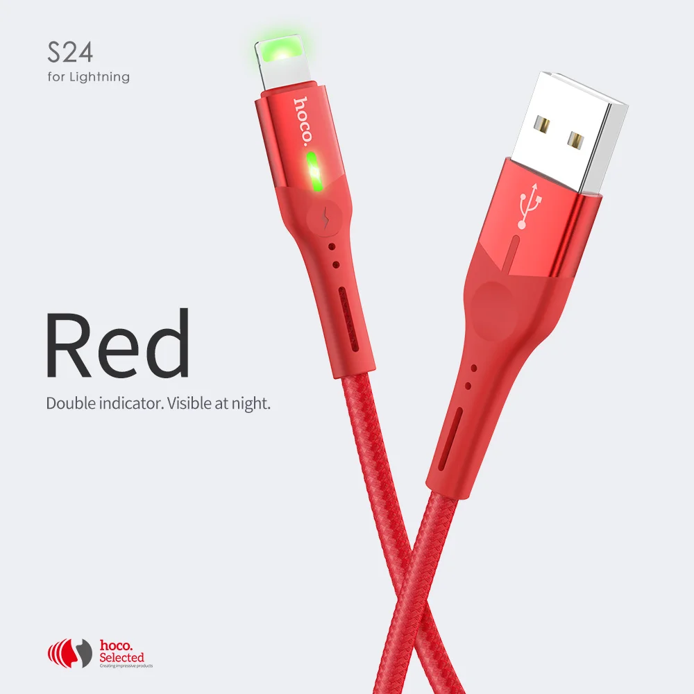 Красный HOCO двойной индикатор светильник для зарядки данных USB кабель для L ightning i Phone 11 Pro X XS XR i Pad 2.4A OTG быстрое зарядное устройство провод Syn - Цвет: Красный