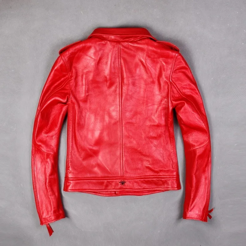 Brand Women Lapel Genuine Leather Jacket High Quality Slim Fit Long Sleeve Sheepskin Coat Fashion Red Motorcycle Short Outerwear | Женская