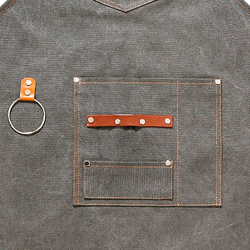 

Canvas Bib Leather Chef Kitchen Apron Women's Men's Barista Bartender Pocket Household Apron