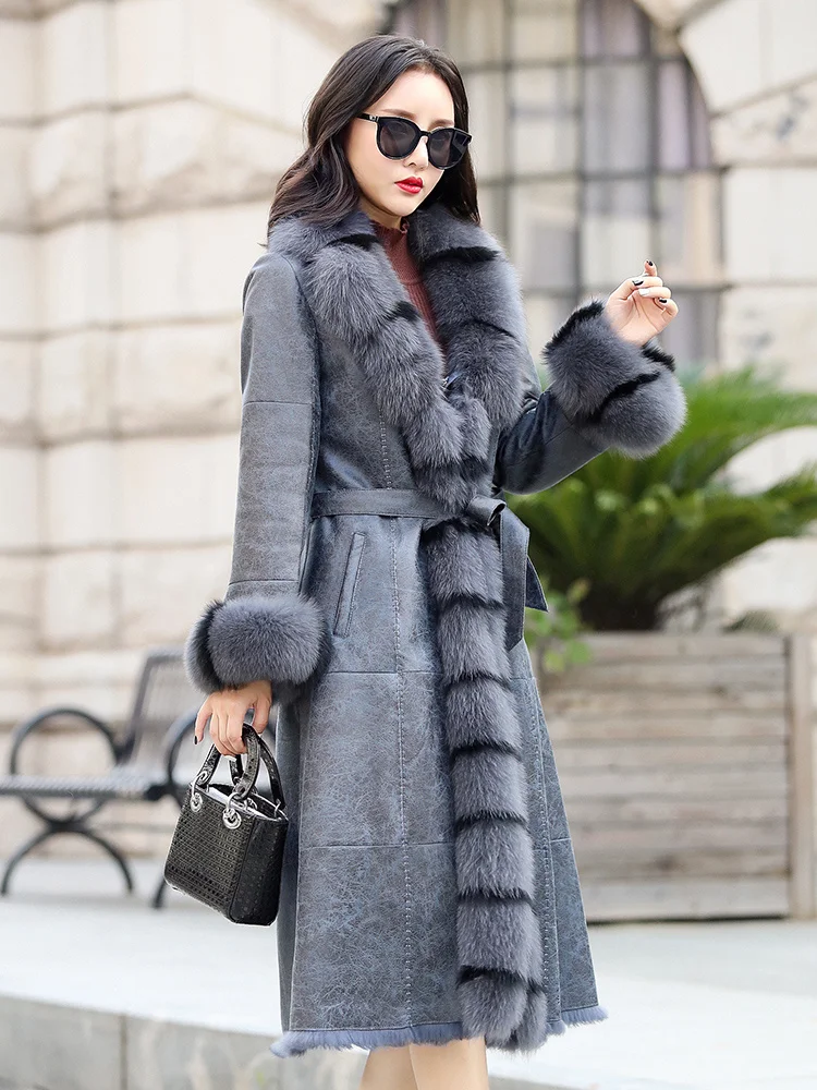 Зимнее пальто из натурального меха Женская длинная замшевая куртка лисьего