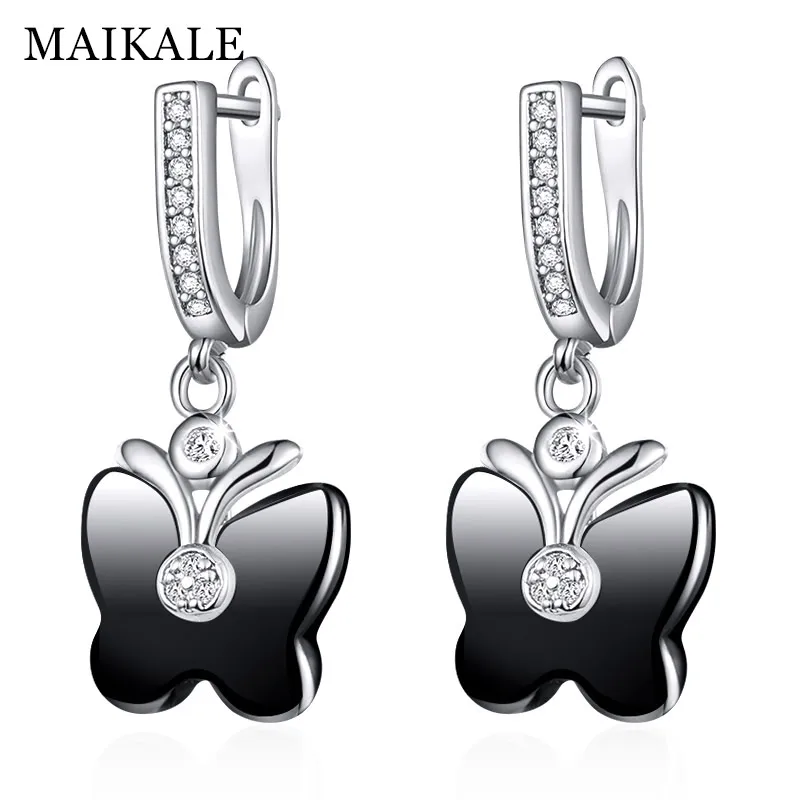 silver black MAIKALE трендовые черные керамические серьги в форме бабочки для женщин золотой цвет Цирконий драгоценный камень очаровательные серьги-Капли Ювелирные изделия Подарки - Окраска металла: silver black