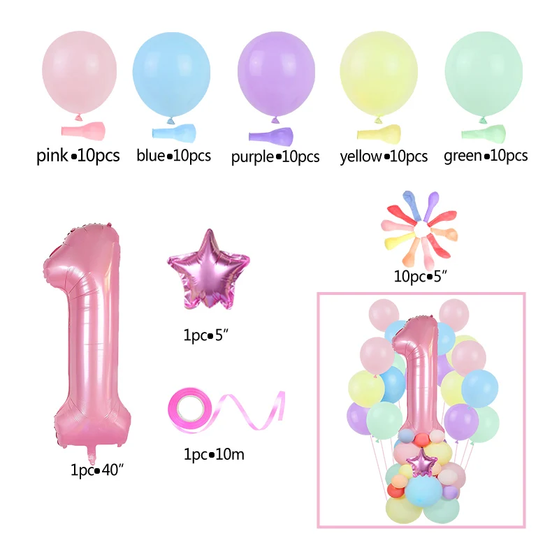

64pcs/set Macaron Latex Balloons Set Pink 40inch 1-9 Number Foil Balloon For Baby Shower Birthday Party Decor Supplies Kids Toys