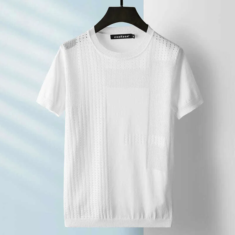 

Ice Summer Silk Hollowed-out Knit T Shirt Men's Short Sleeves Ice Silk Knitting for Male Half-sleeved Sweaters Tops L24