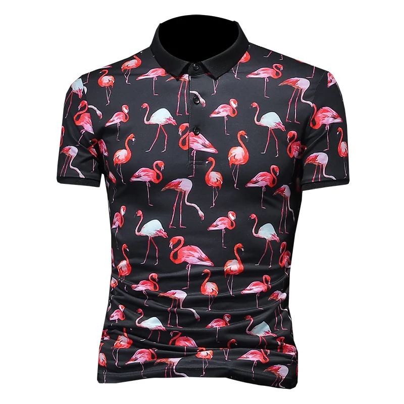 

2021 New men shirts polo shirts for men Flamingos print fashion casual High quality mens shirt