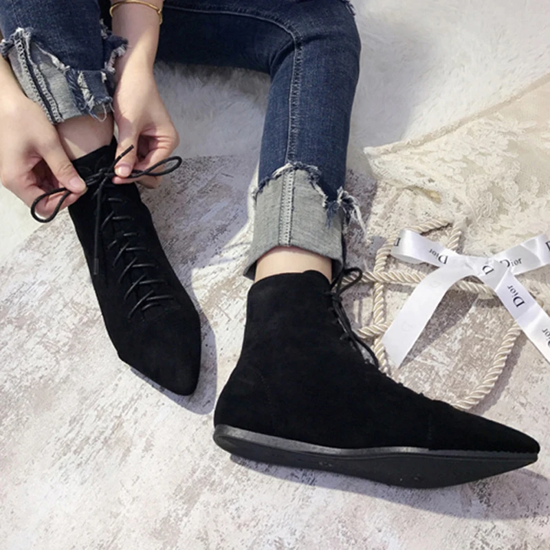 Маленькие ботинки женские сапоги на Плоском Каблуке остроносые ботильоны из