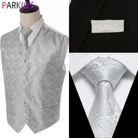mens silver paisley waistcoat necktie pocket square vest suit set for tuxedo wedding groom party dress vest for male chaleco