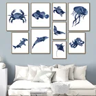 Дельфин, Акула, морская черепаха, краб, морская жизнь, настенная Картина на холсте, скандинавские постеры и принты, настенные картины для декора гостиной