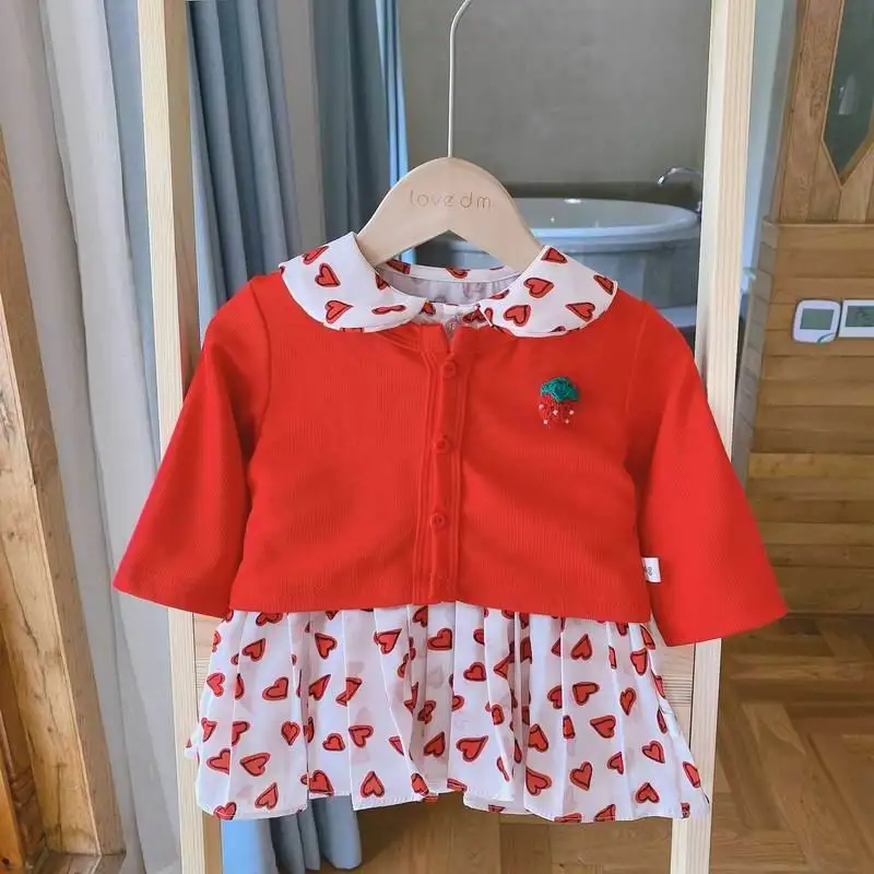 

Baby Girl Clothes Set Girls Love Heart Long Sleeve Romper Dress +Strawberry Cardigan 2pcs Outfits Kids Clothes E20094