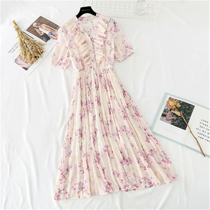 

2020 Summer Women V-neck Pleated Dress Elastic waist Short sleeve Floral Print Chiffon Dress Casual Ruffles Midi Long dresses