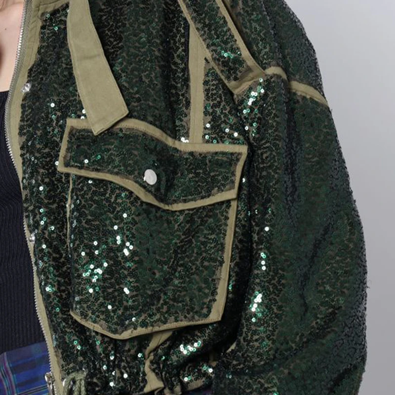 

VGH Patchwork Sequin Pocket Jacket For Women Turtleneck Long Sleeve Casual Streetwear Jackets Female Fashion New Clothing 2021