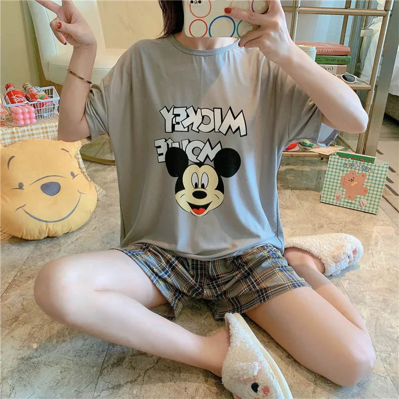 

Pj Sets for Mickey Women Summer Minnie Kawaii Fashion Outfits Short-Sleeved Sleep Top and Shorts Cartoon Home Service Suit New